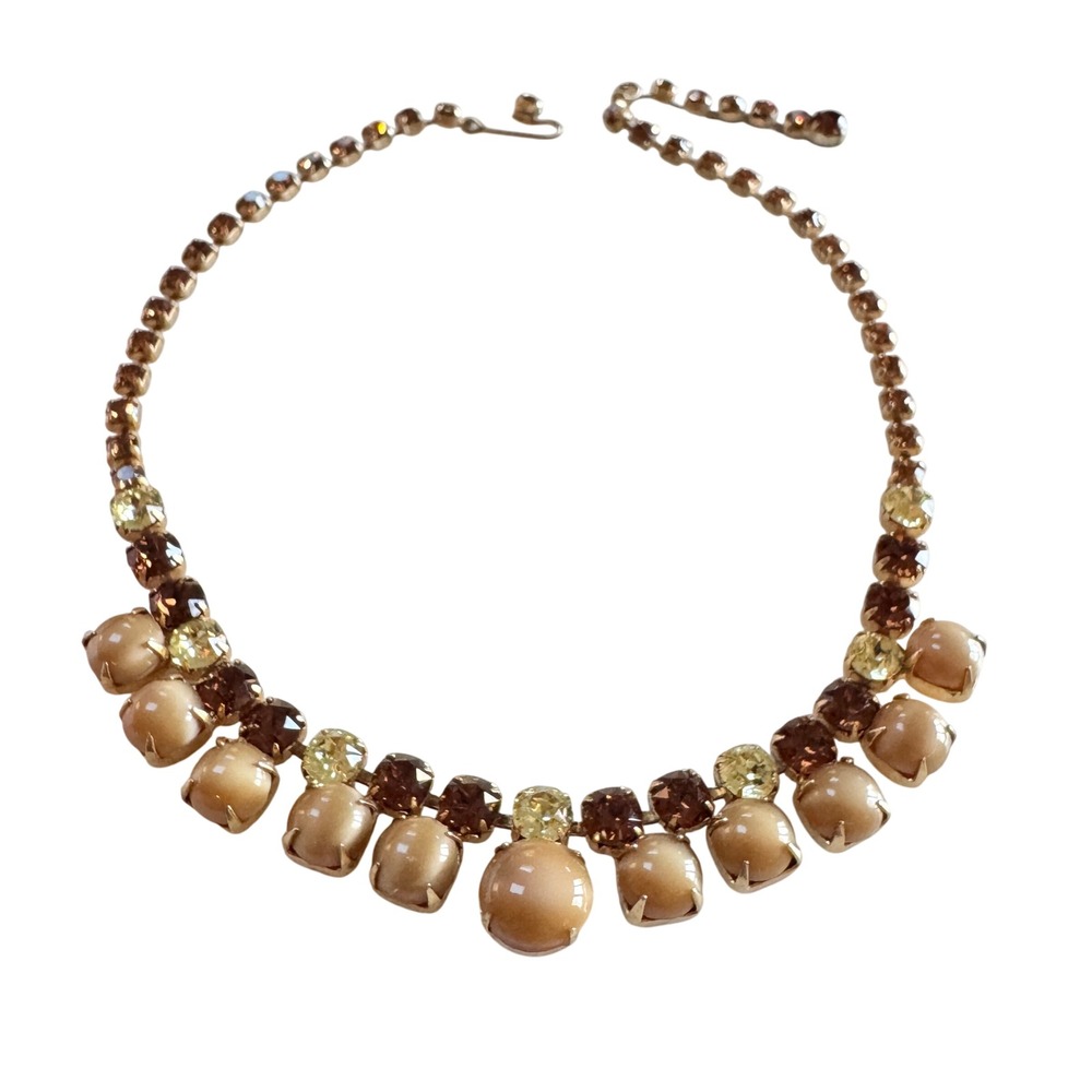Vintage Rhinestone Statement‎ Necklace Butterscotch Smokey Topaz Amber Tone Glam